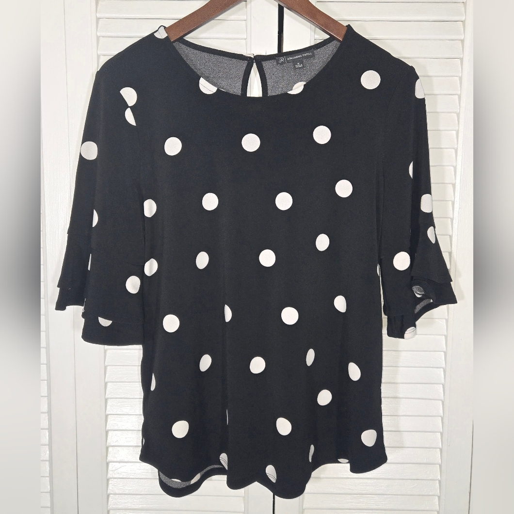 Adrianna Papell Black White Bell Sleeve Polka Dot Round Neck Keyhole Blouse Sz M